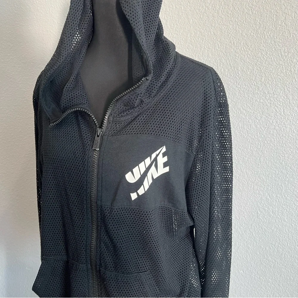 Nike Black Mesh Hoodie with White Logo on Chest Size L - Picture 2 of 7